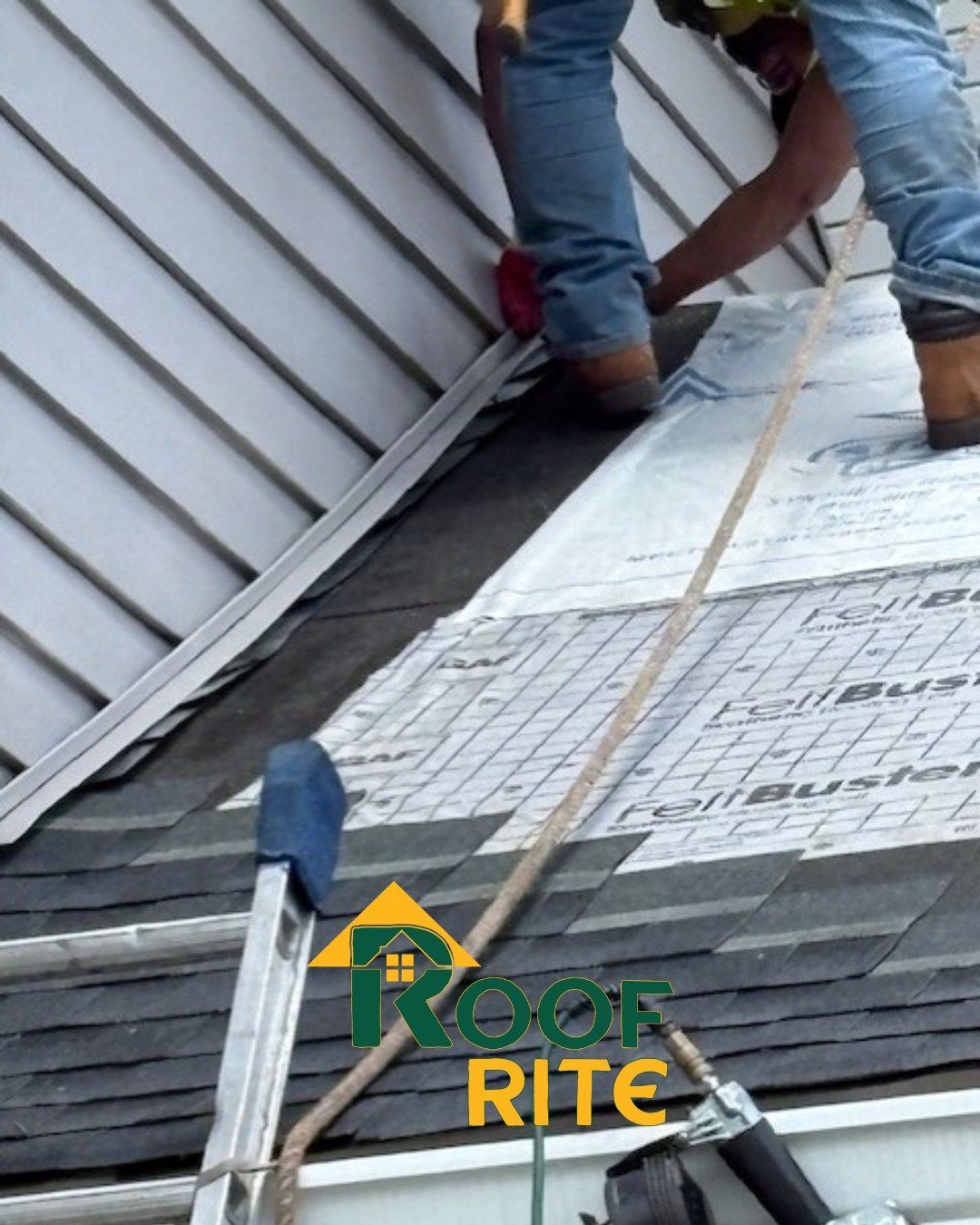 Roofers installing flashing on a roof next to white siding.