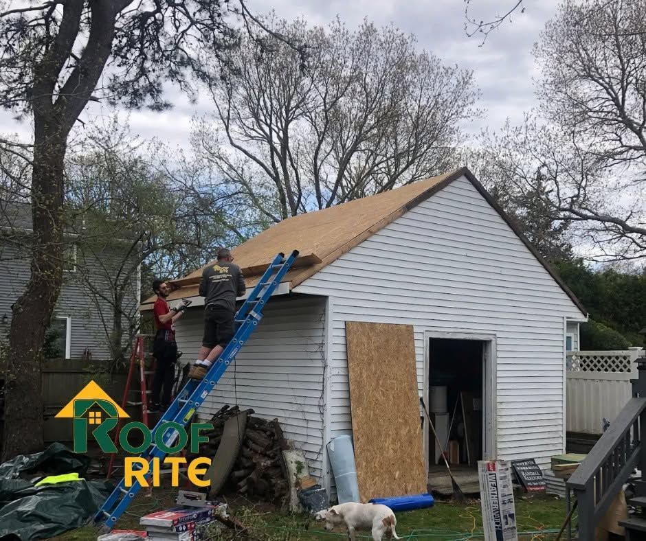 Workers repairing a white garage roof with blue ladders and plywood, trees and a house in the background.