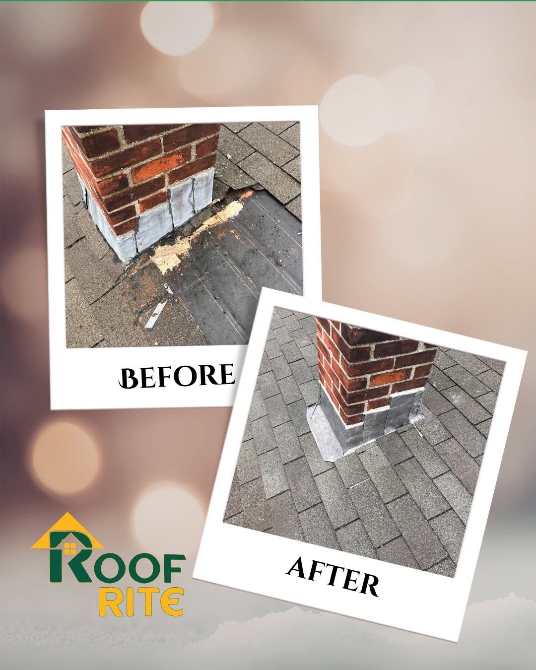Chimney flashing repair before and after on a shingle roof