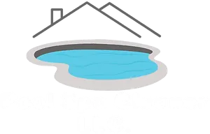 Pool with blue water under a roof outline, gray border.