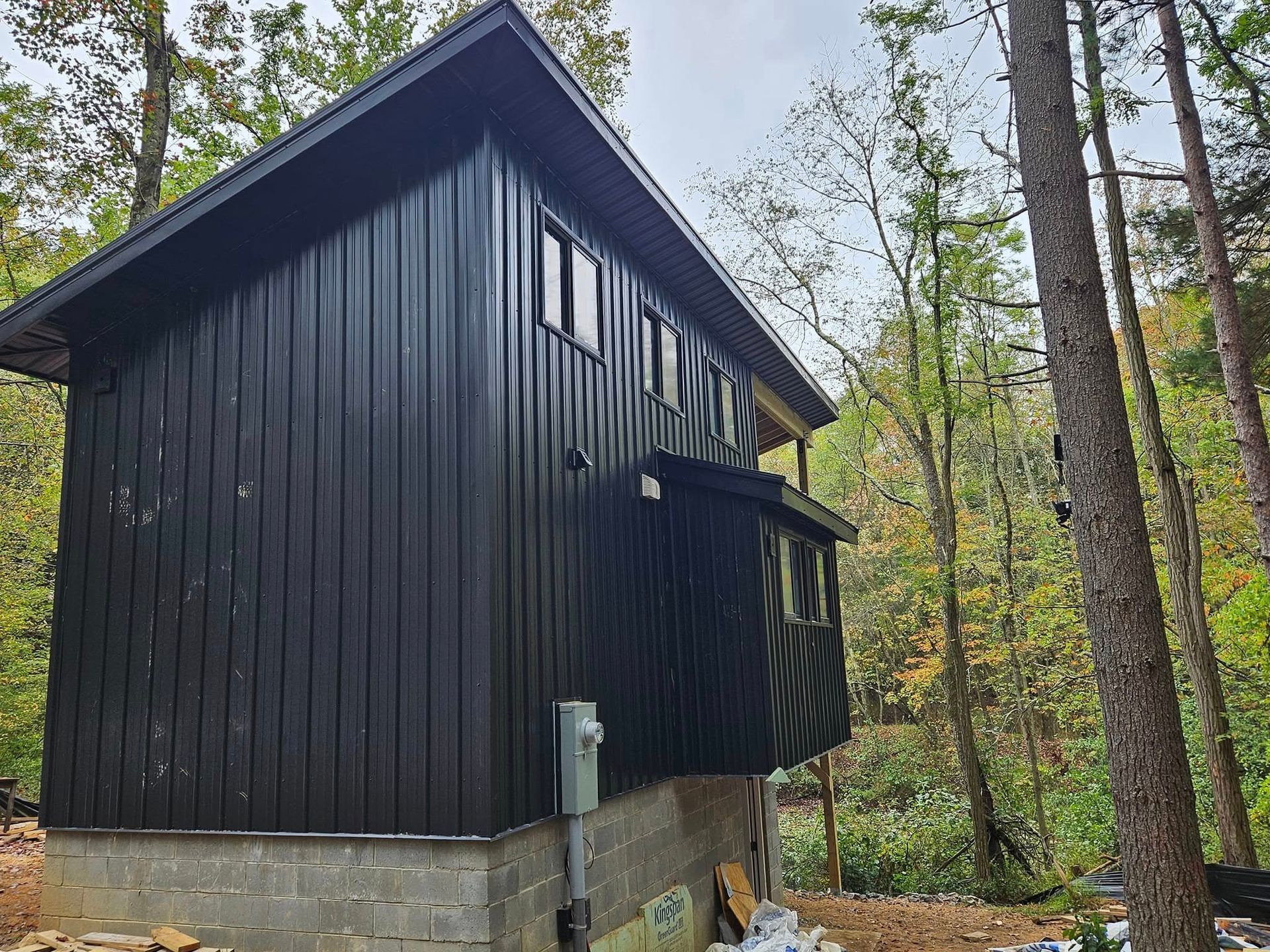 A small black house is sitting in the middle of a forest.