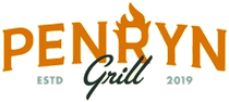 A logo for penryn grill with a flame on it