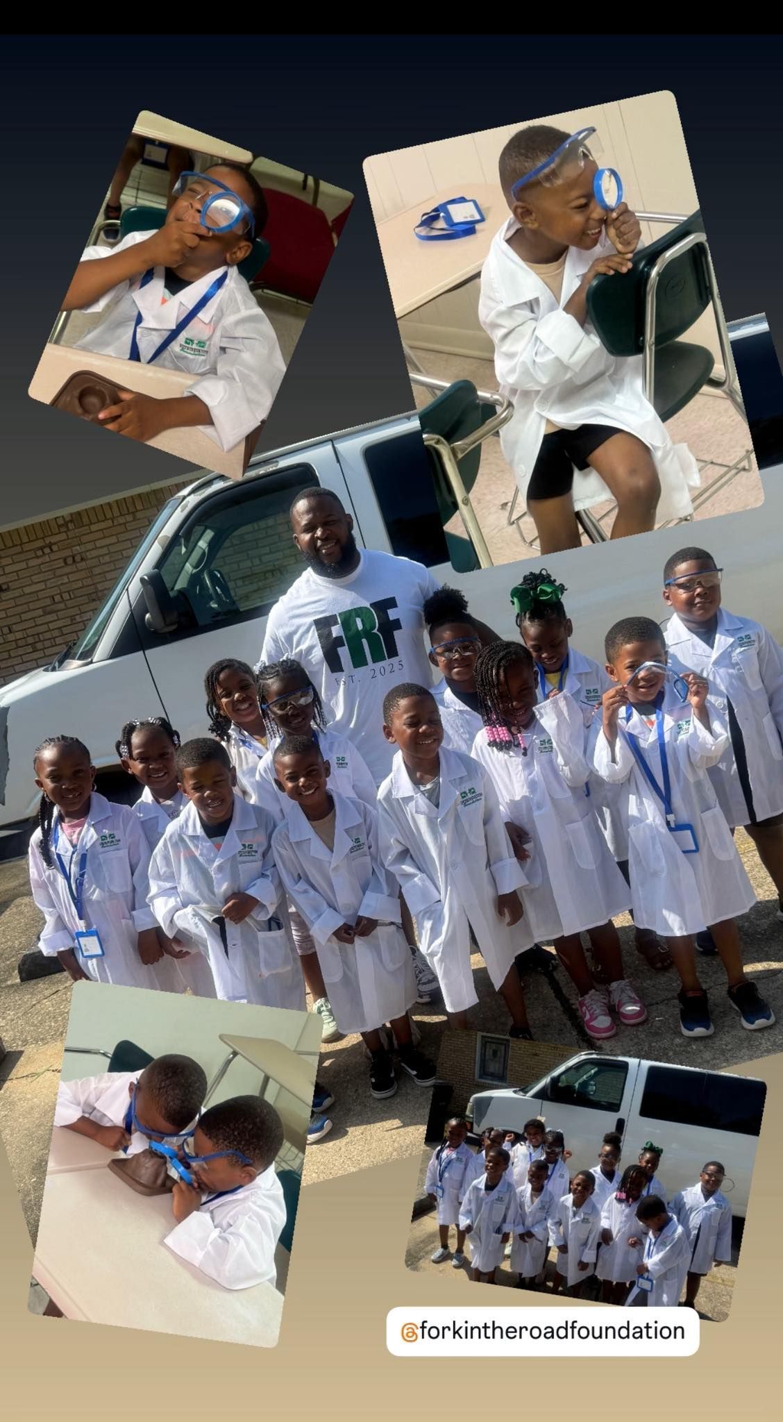Group of people in white coats pose with a man. People drink from cans in other shots.