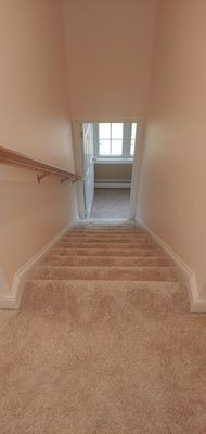 View from the top of carpeted stairs descending into a hallway with a window at the end.