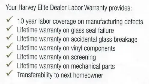 Harvey Elite Dealer Labor Warranty details, including labor, glass, vinyl, screening, and mechanical parts.