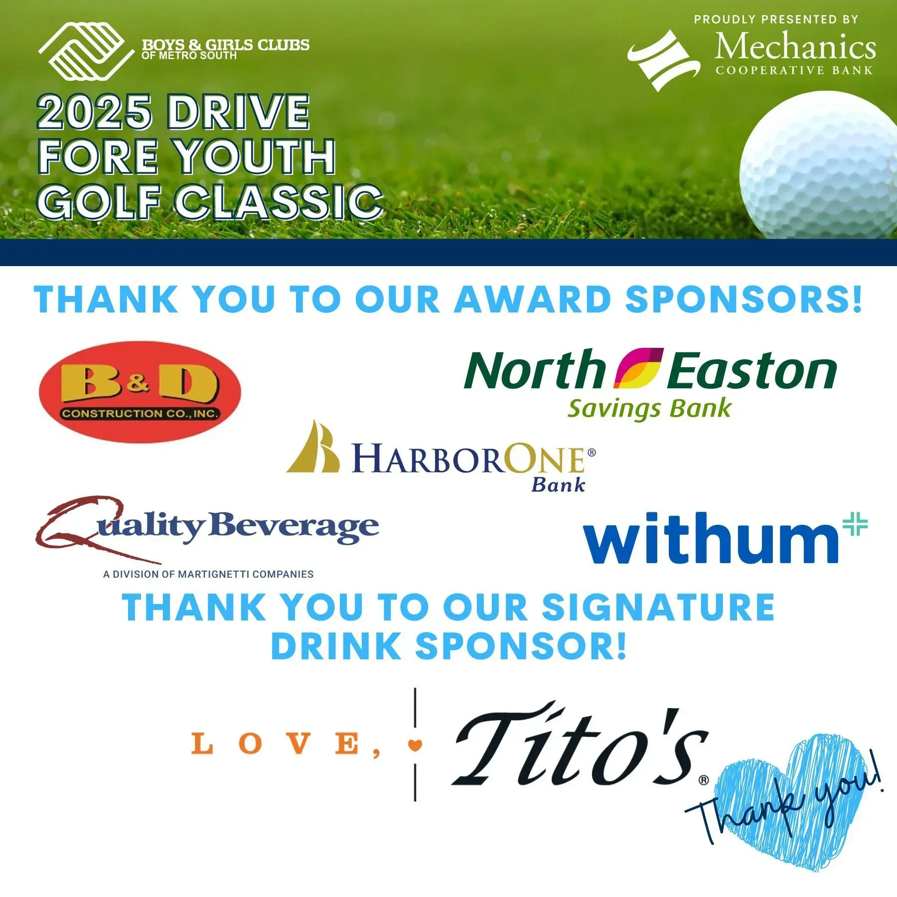 Golf classic event poster with sponsor logos, including B&D, North Easton Savings Bank, Tito's, and others.