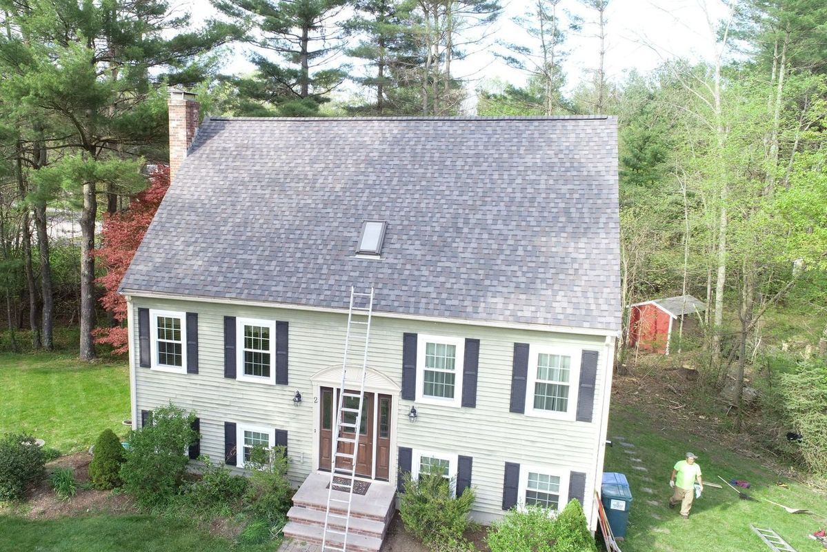 Green house with dark shutters and gray roof, ladder to roof. Person walking by.