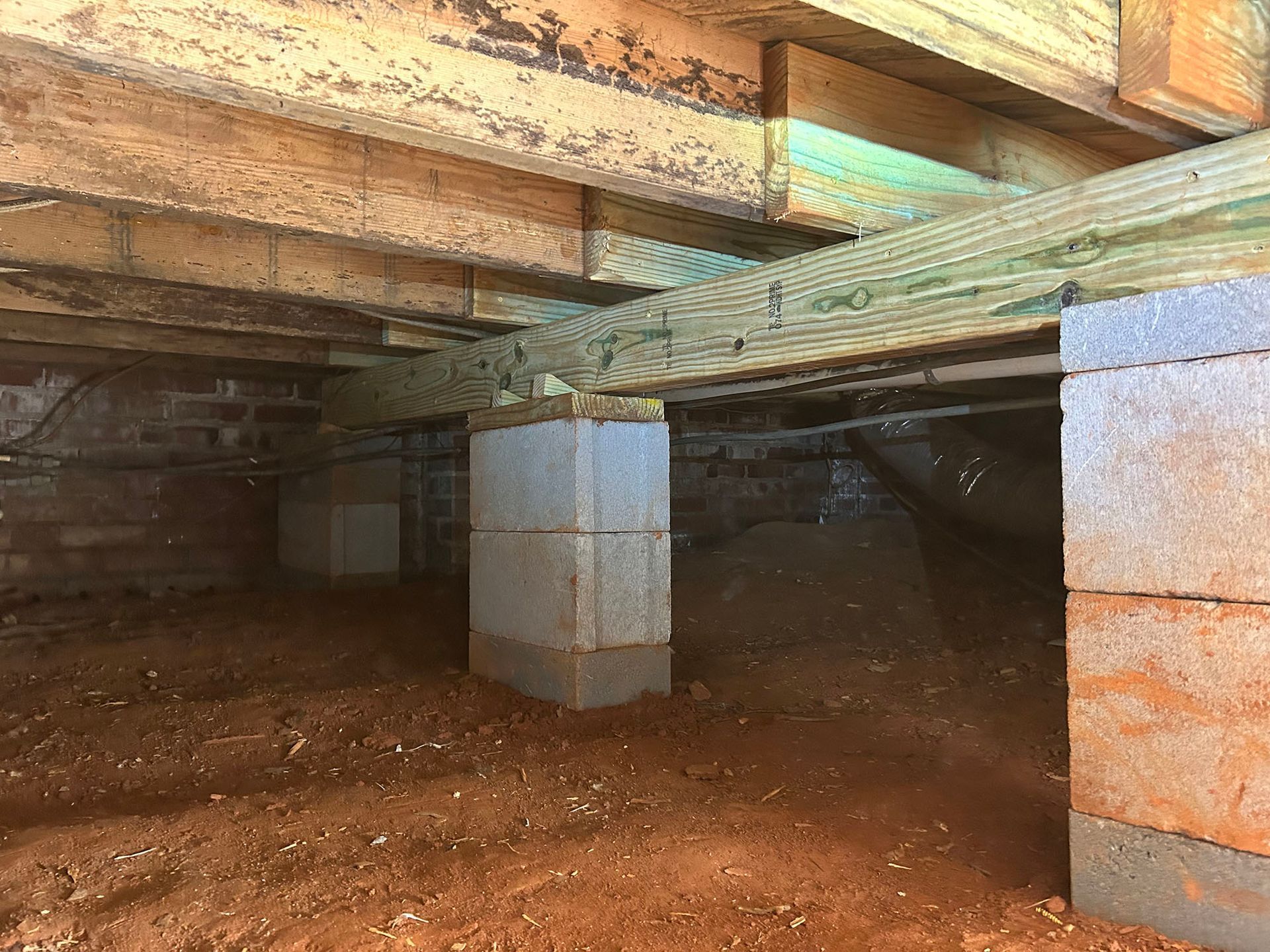 Underneath a house: wood beams and floor joists supported by concrete block piers, on bare soil.
