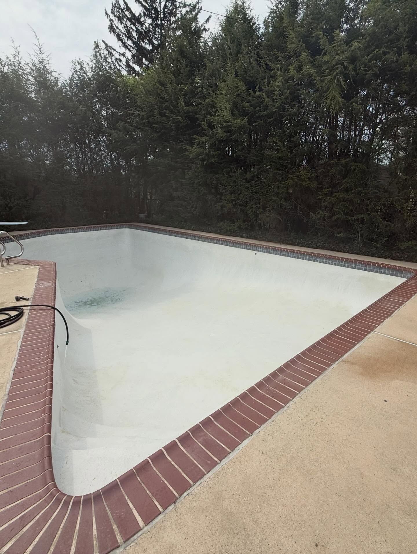 Empty rectangular swimming pool with white interior, red brick border, and trees in the background
