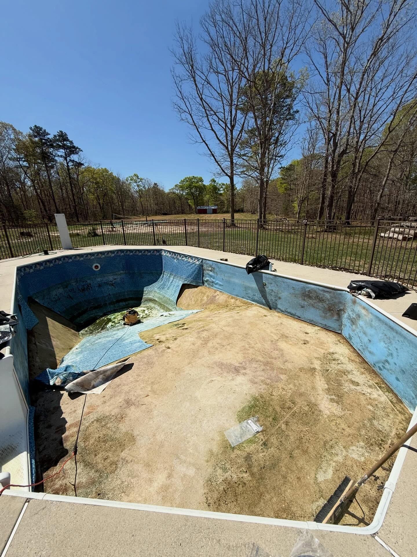 Empty drained swimming pool with peeling blue walls in a wooded backyard