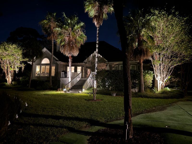 A house is lit up at night with palm trees in front of it