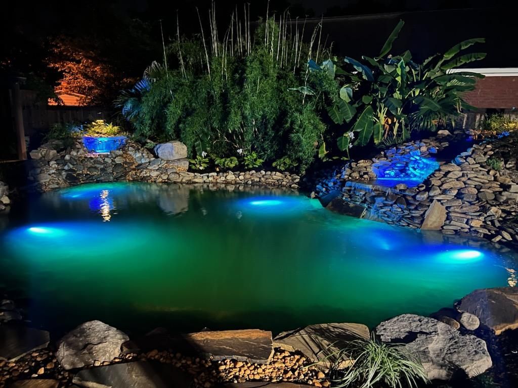 A large swimming pool is lit up at night with blue lights.