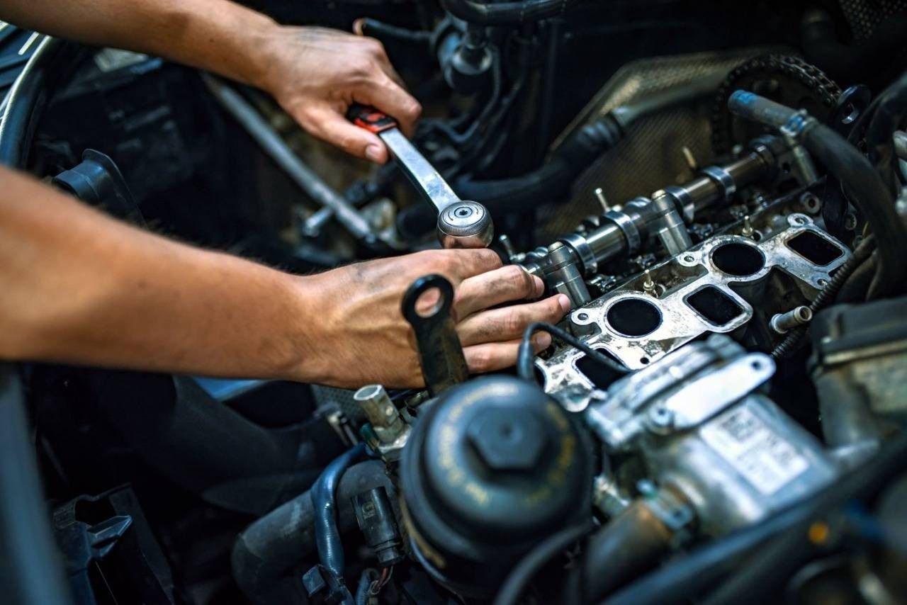 A mechanic uses a ratchet to tighten a bolt on a car engine with exposed cylinders.