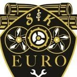A gold and black logo for S&K Euro, featuring mechanical gears, engine-like cylinders, and a wrench on a shield.