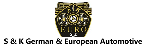Logo for S & K German & European Automotive featuring a shield with gears and tools, with the company name below.