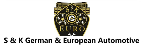 Logo for S & K German & European Automotive featuring a shield with gears and tools, with the company name below.