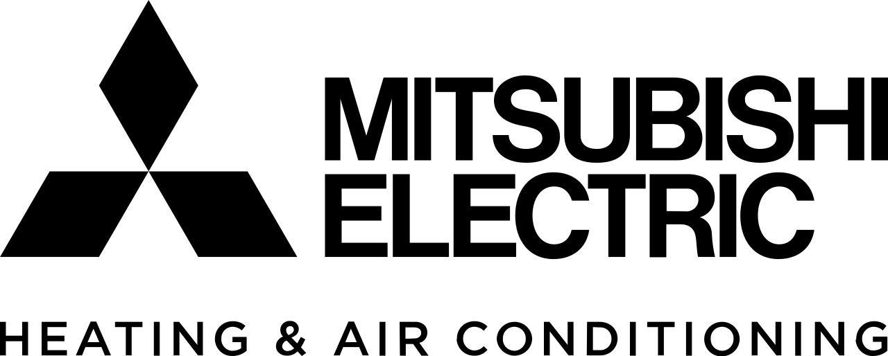 The logo for mitsubishi electric heating and air conditioning is black and white.