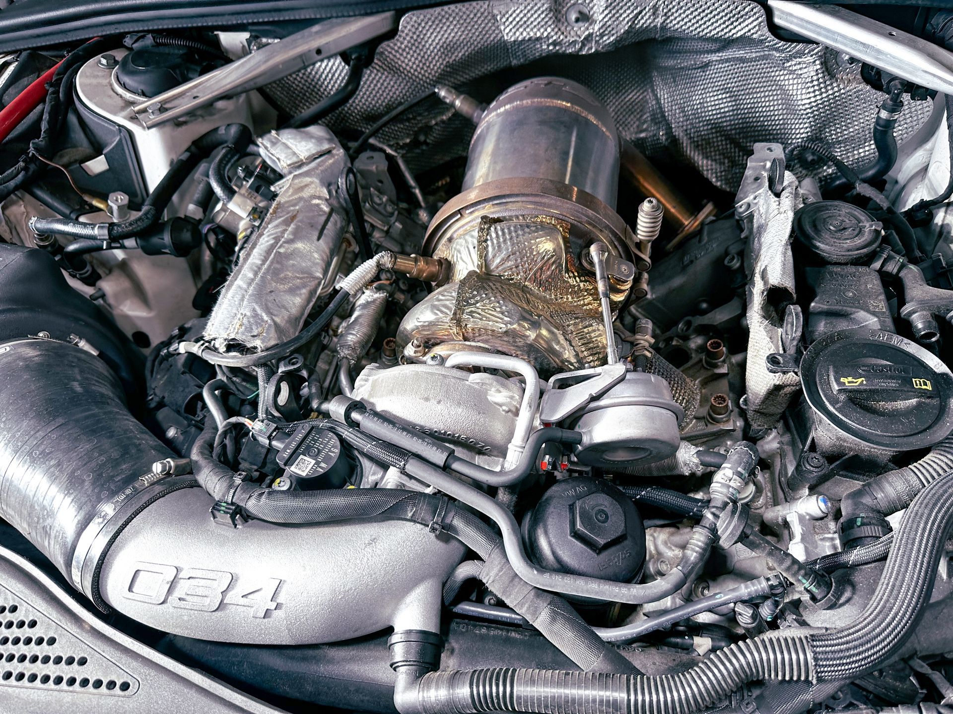 A close up of the engine of a car