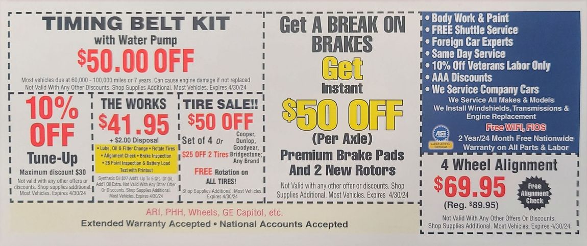 A coupon for a timing belt kit and a break-on brakes