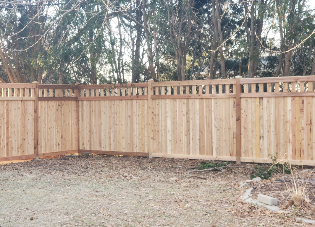 A wooden fence is surrounded by trees in a backyard.