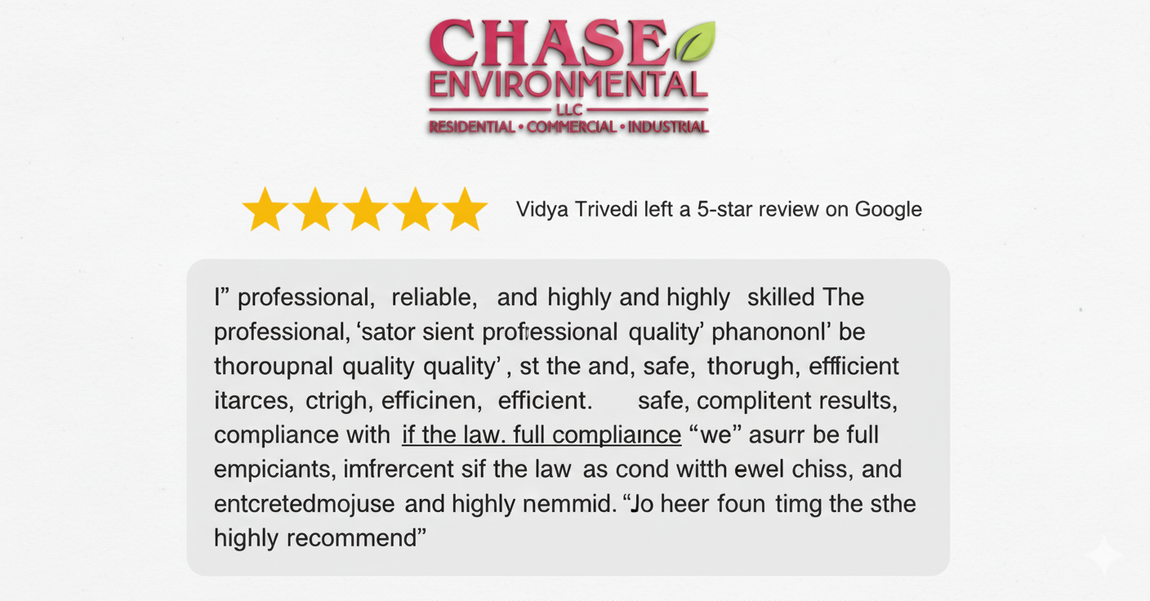 Review of Chase Environmental with 5-star rating. Text highlights professionalism, reliability, and high quality work.