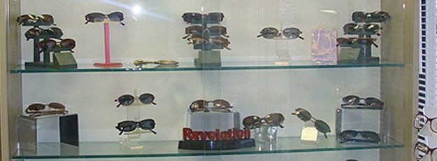 Eye glasses in display cabinet