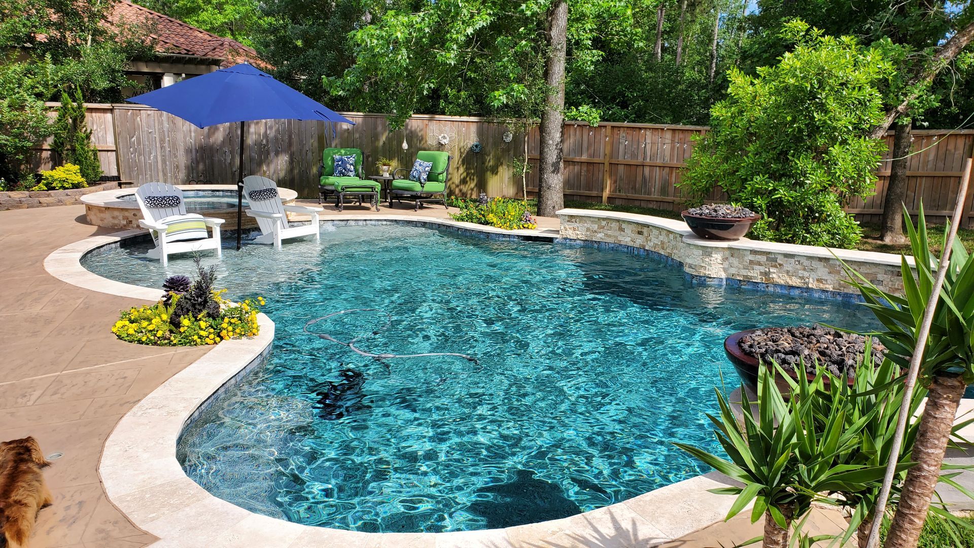 Backyard pool with curved edge, white lounge chairs, blue umbrella, and lush greenery