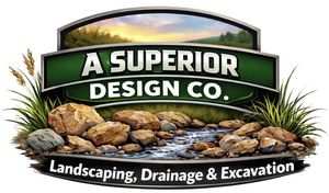 A Superior Design Co. logo with rocks, stream, grass, and &ldquo;Landscaping, Drainage & Excavation&rdquo; text