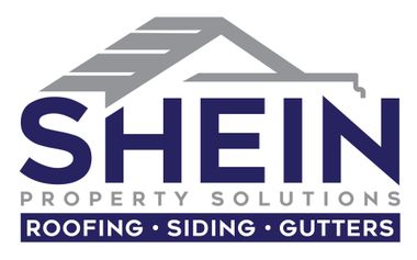 Logo for Shein Property Solutions with a gray roof graphic and navy blue text, listing roofing, siding, and gutters.