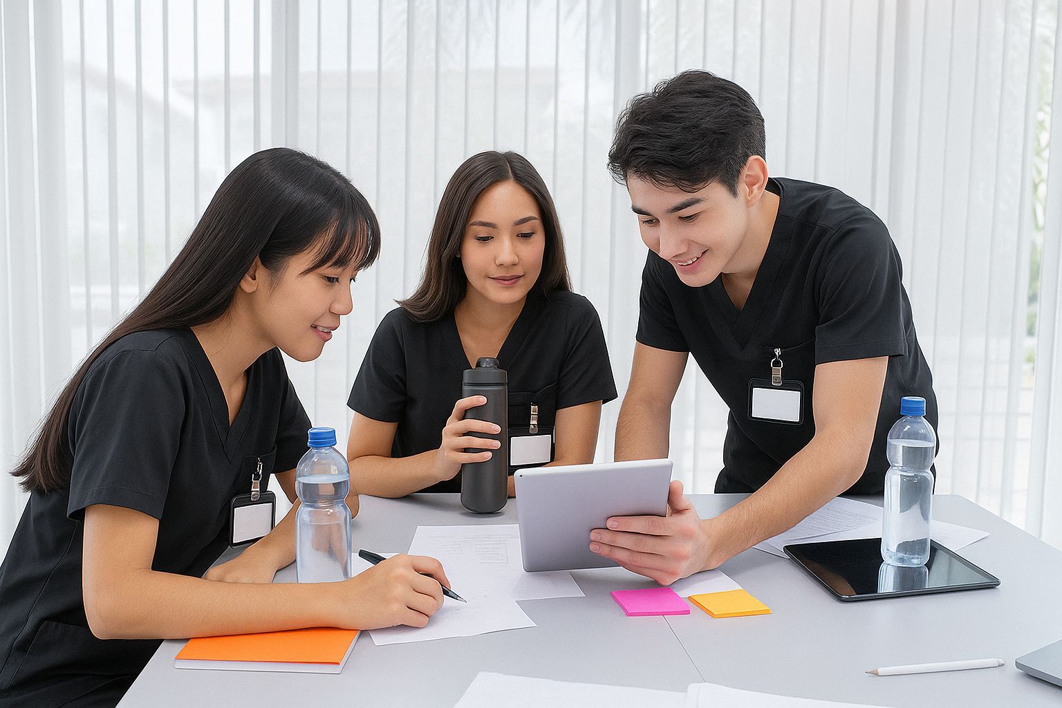 Three students in black scrubs