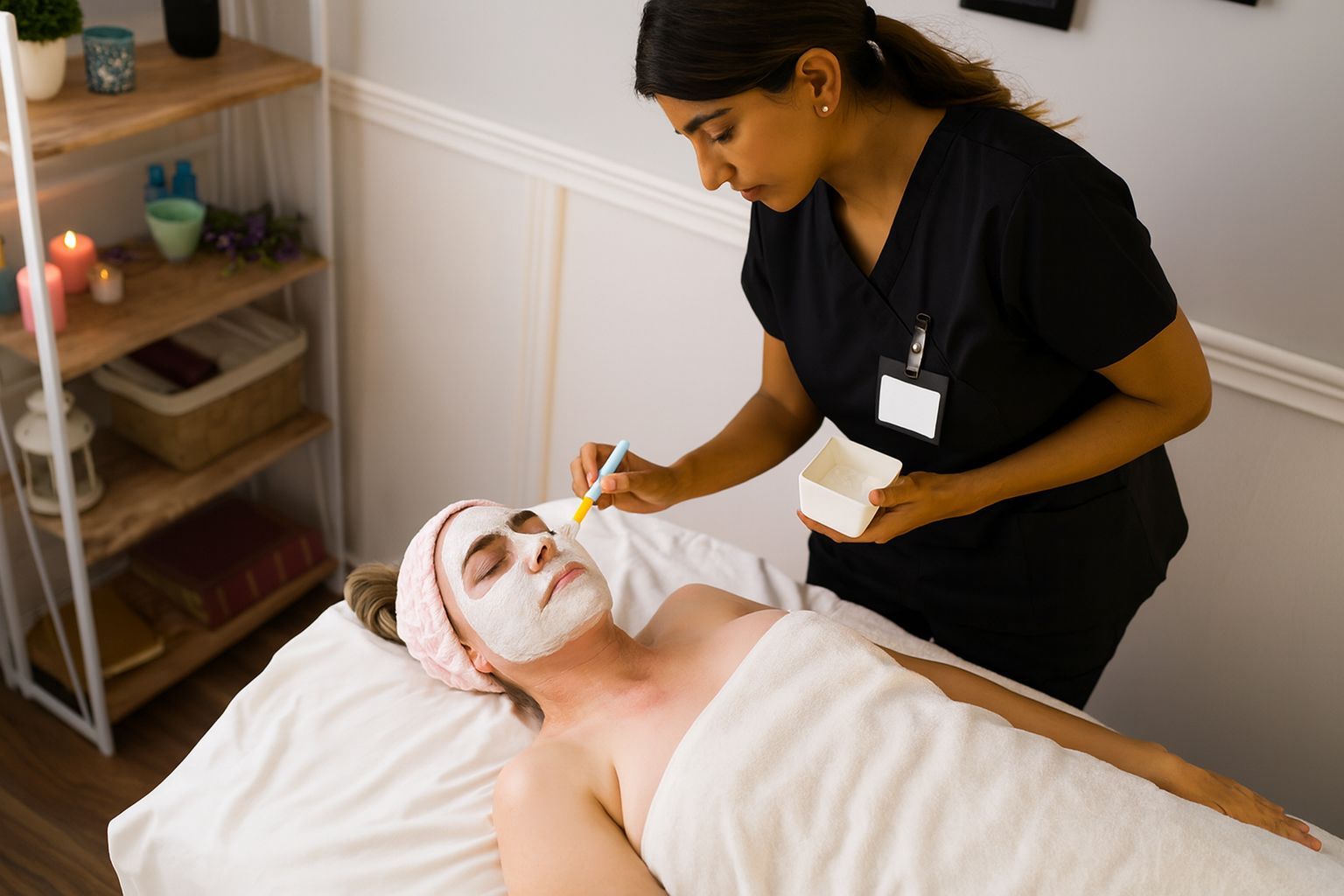 Woman receiving a facial mask from a beautician