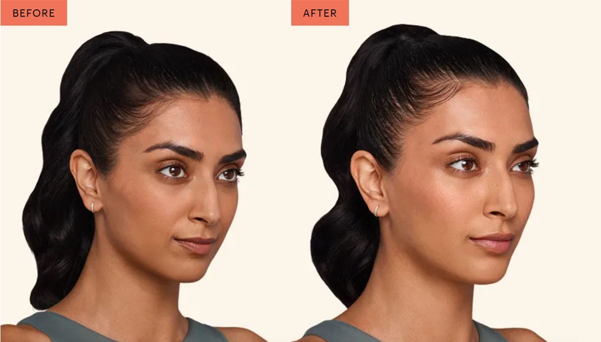Side-by-side portrait of a woman facing left, with hair in a ponytail on a light background.