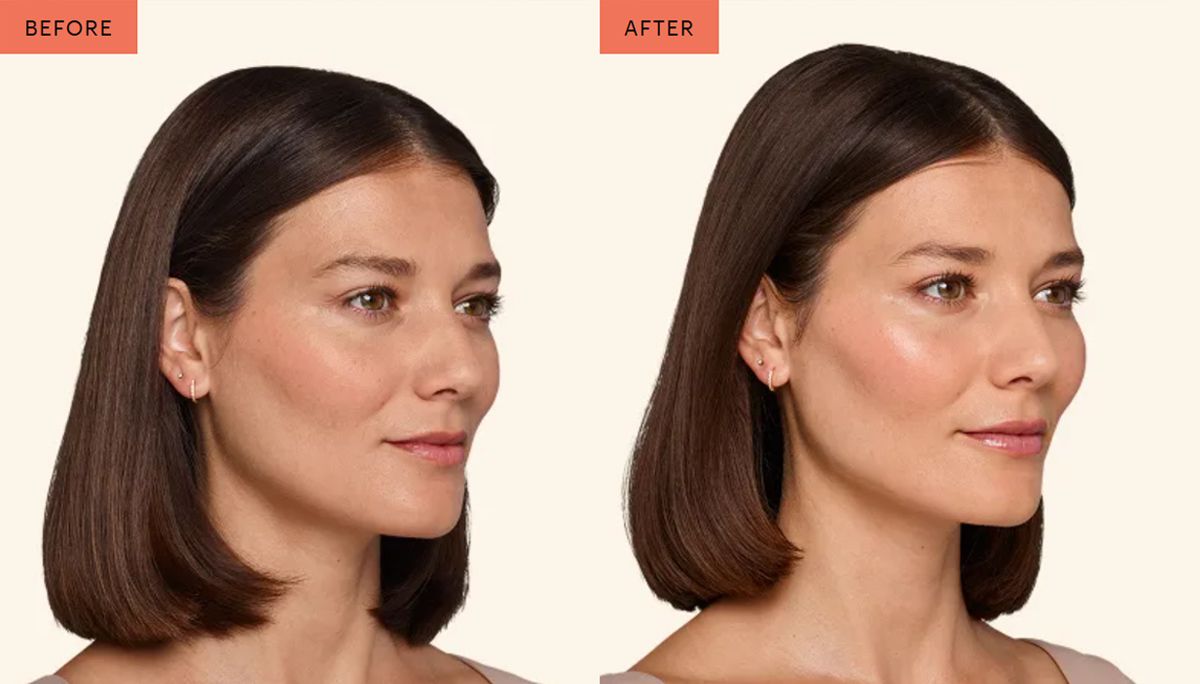 Side-by-side before and after portrait showing a woman with shorter, sleeker brown hair and makeup.