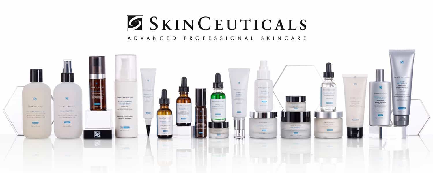 SkinCeuticals skincare products lined up on a white background with logo and tagline above
