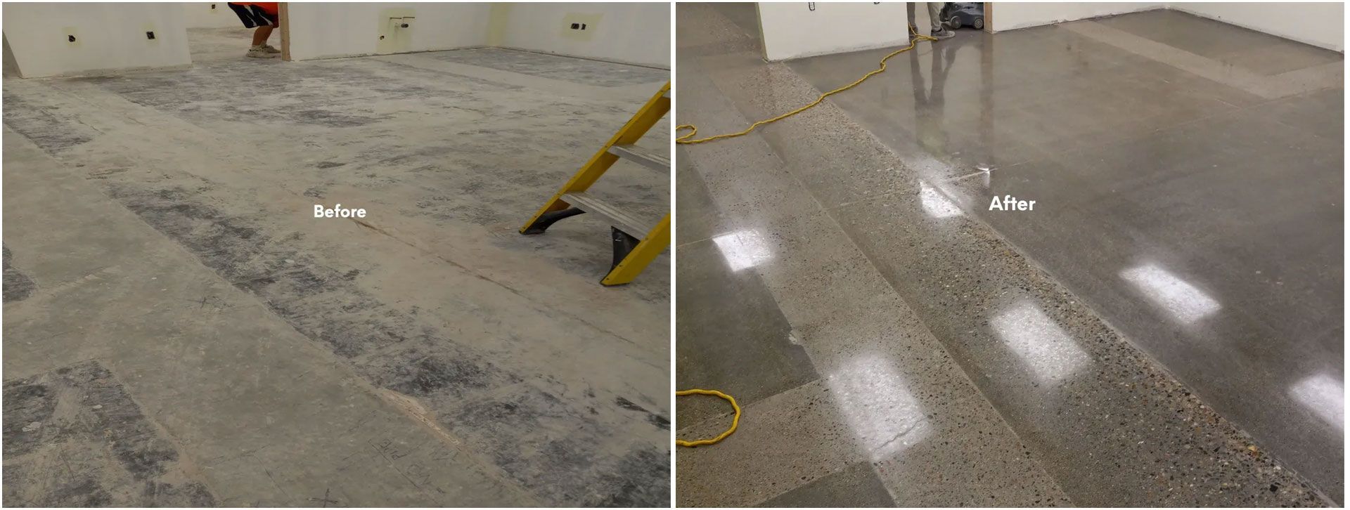 Before and after concrete floor polishing. Left shows rough concrete, right shows polished result.