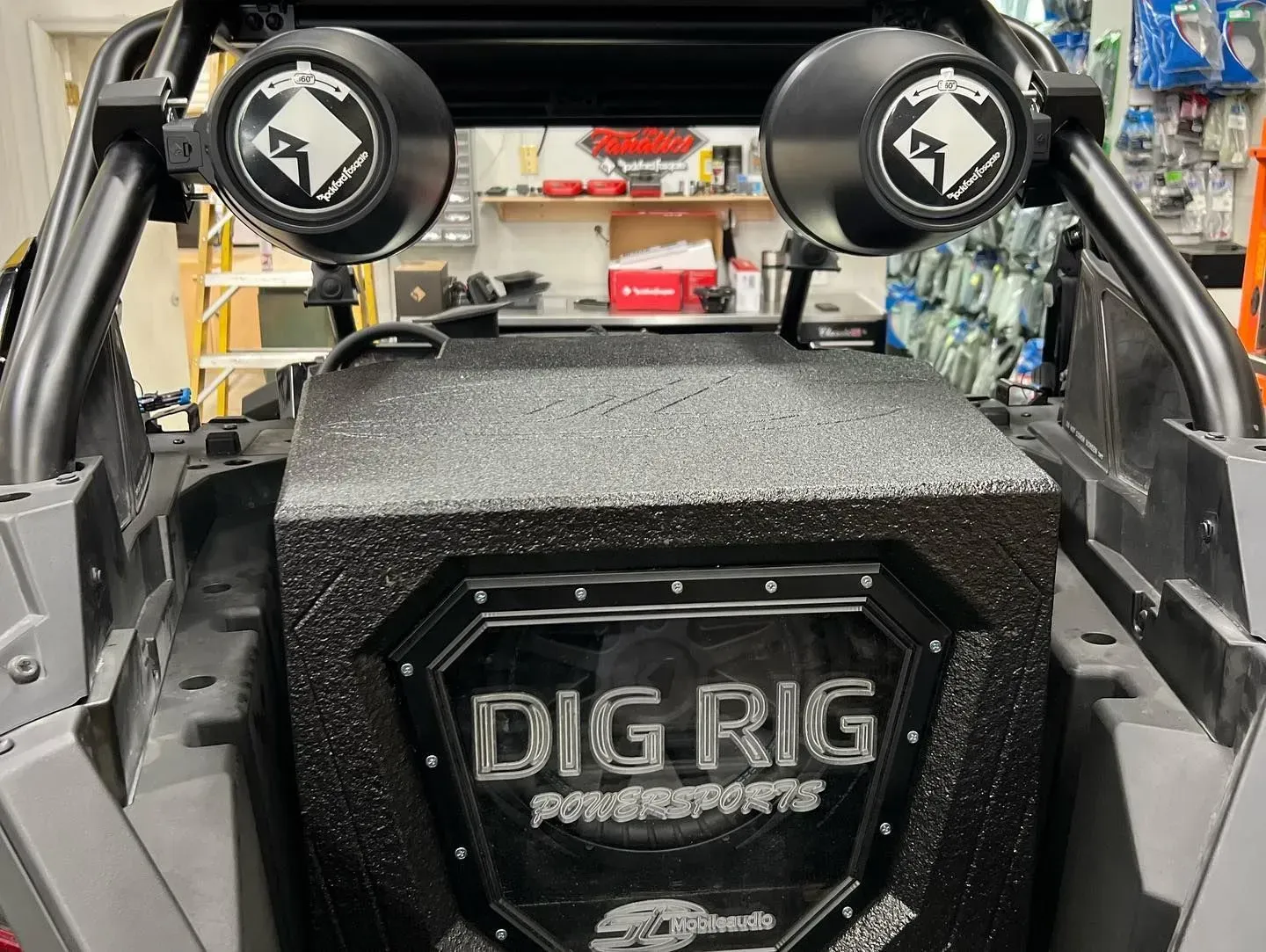 Black UTV sound system with speakers and a 