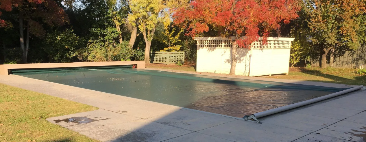 Outdoor in-ground pool with a white shed, surrounded by autumn trees and a patio