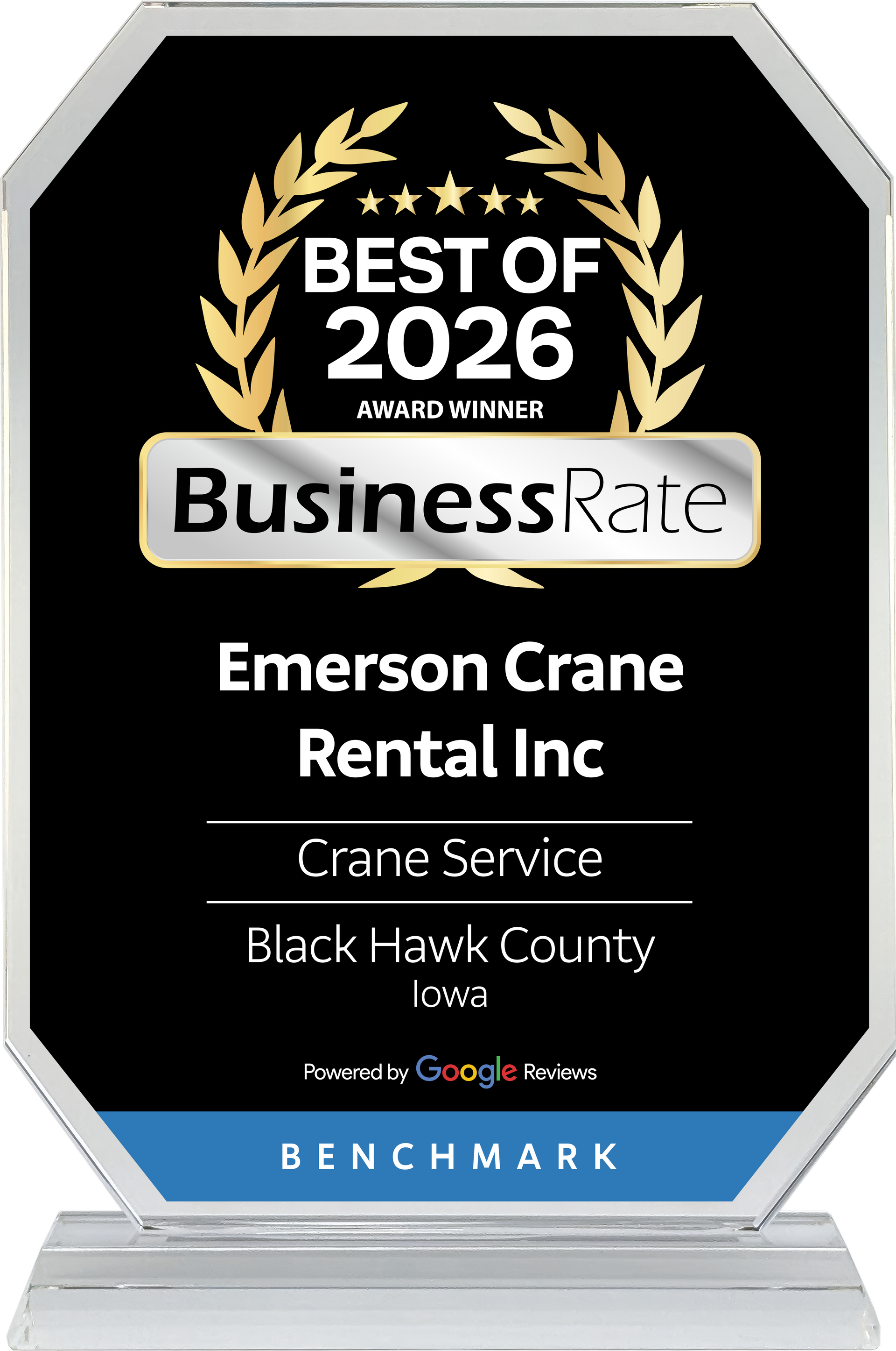 An award plaque for Emerson Crane Rental Inc, naming them the 2026 Best Crane Service in Black Hawk County, Iowa.