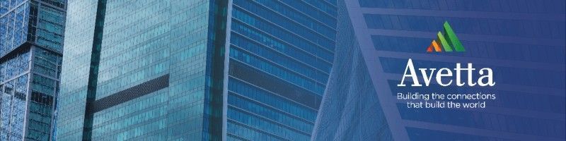 Avetta logo with building background. Green, orange, yellow triangle over white text. Building the connections that build the world.