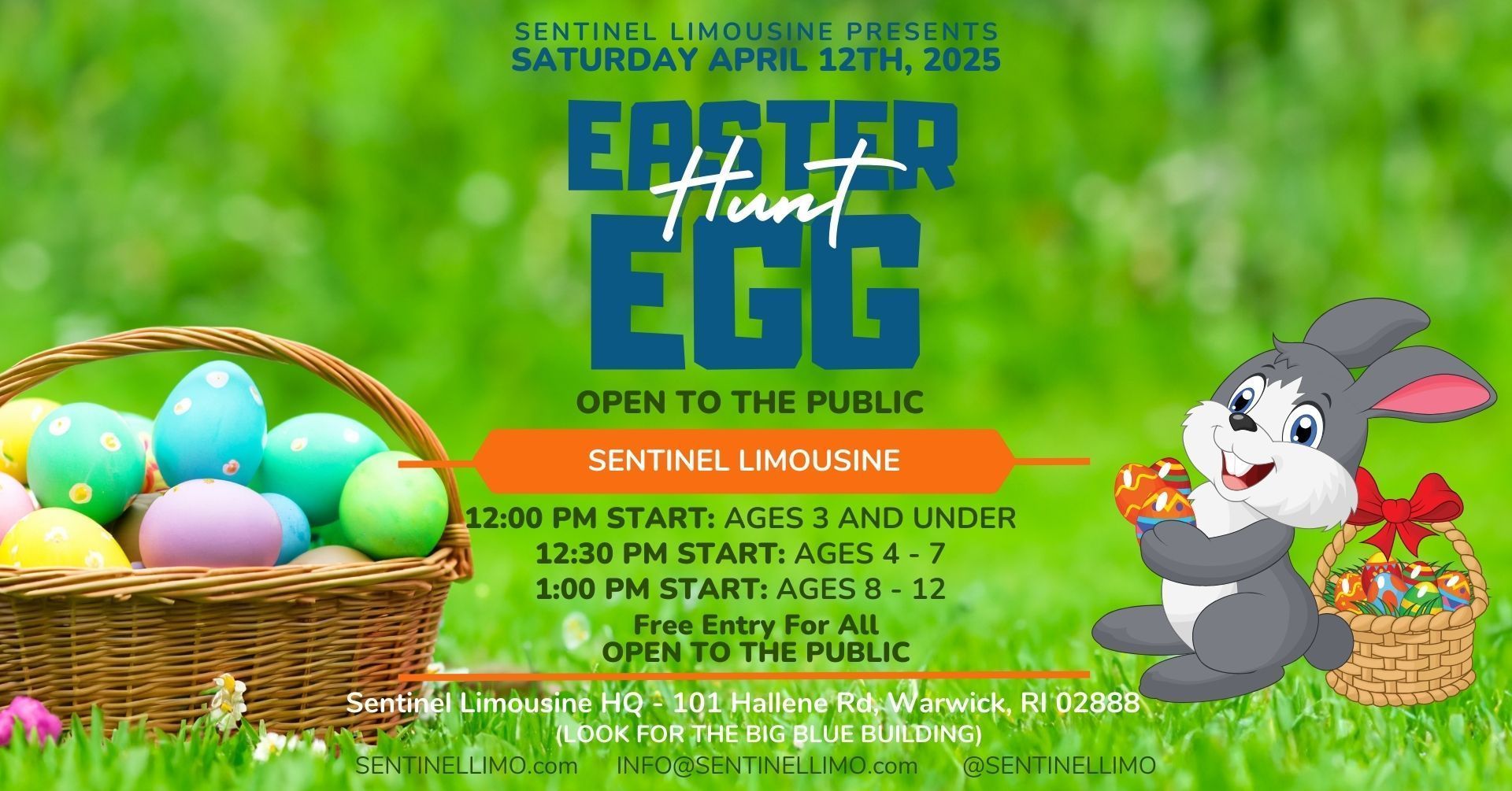 Easter egg hunt event poster with a bunny, basket of eggs, and schedule for different age groups, open to the public.