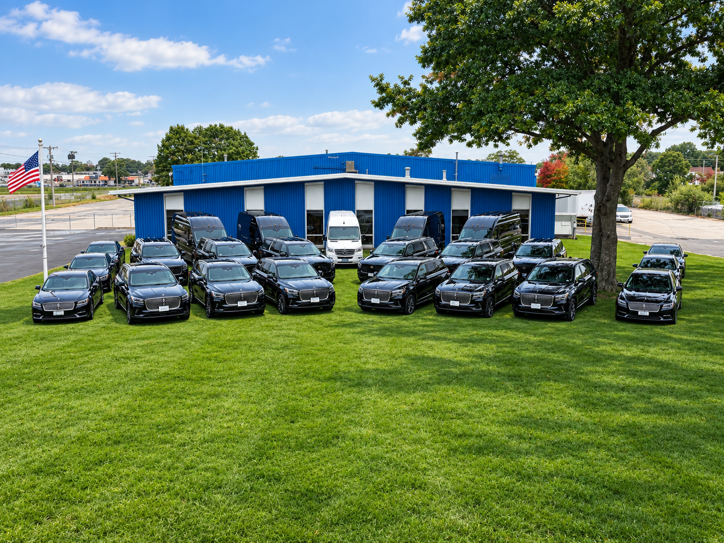 A group of black SUVs parked on a lawn in front of a blue building on a sunny day
