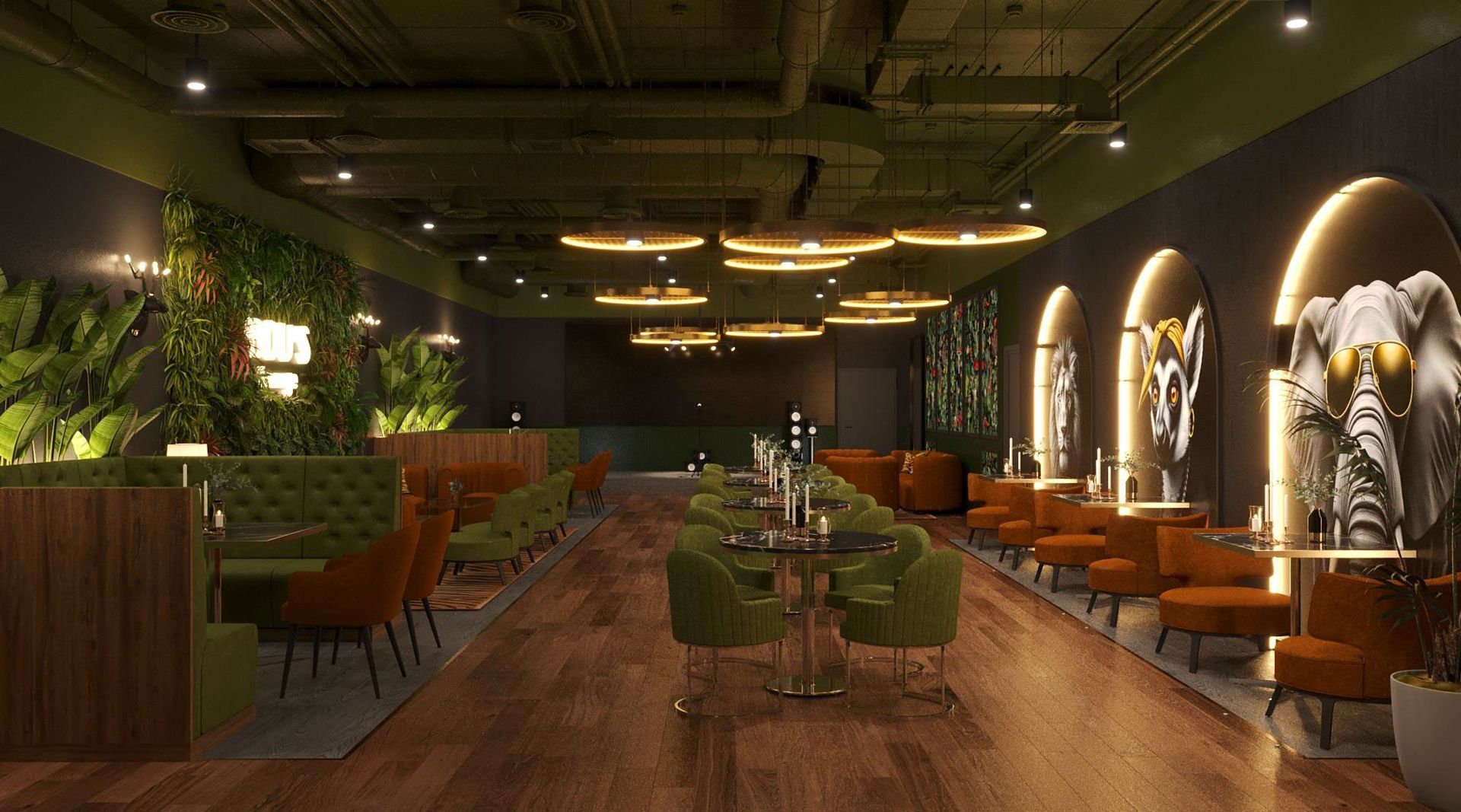 An artist 's impression of a restaurant with tables and chairs.