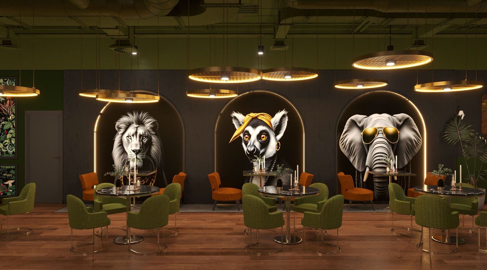 A restaurant with tables and chairs and a lion and elephant on the wall.