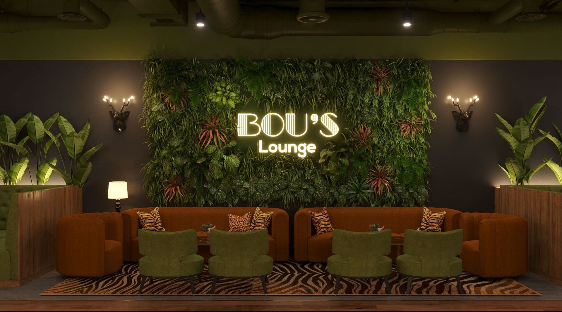 A living room with a couch , chairs , and a sign that says bou 's lounge.