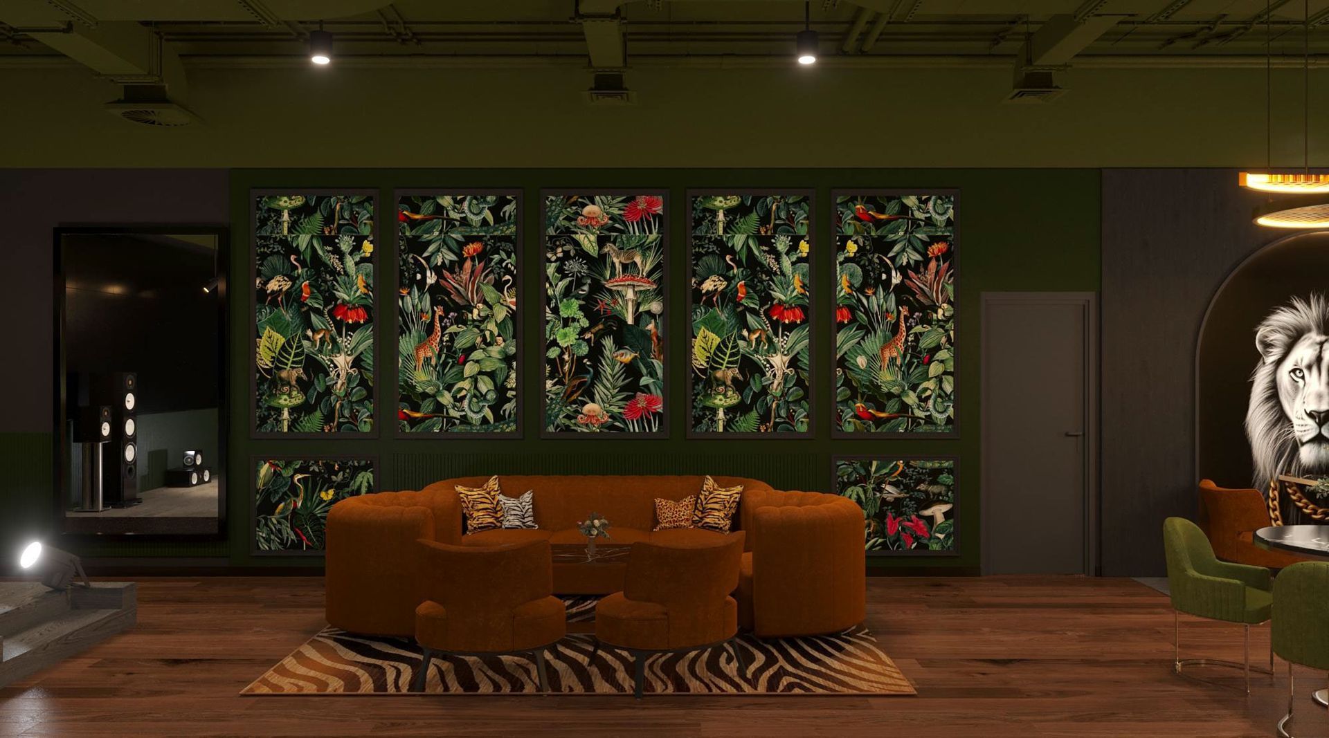 A living room with a couch , chairs , and a painting of a lion on the wall.