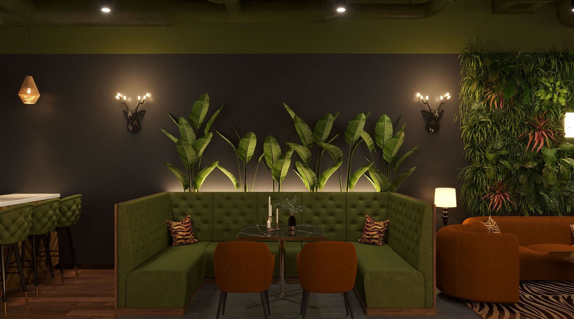 A 3d rendering of a restaurant with green furniture and plants on the wall.