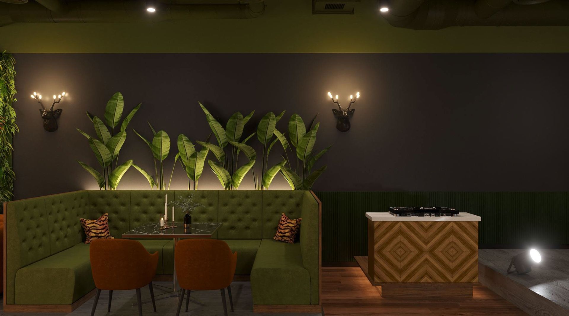 A 3d rendering of a restaurant with a couch and chairs.