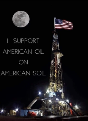 Oil rig with American flag under a full moon at night, text: 