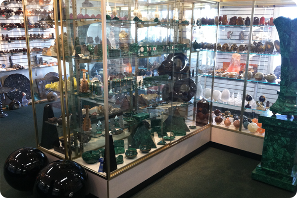 A glass display case filled with a variety of items in a store.