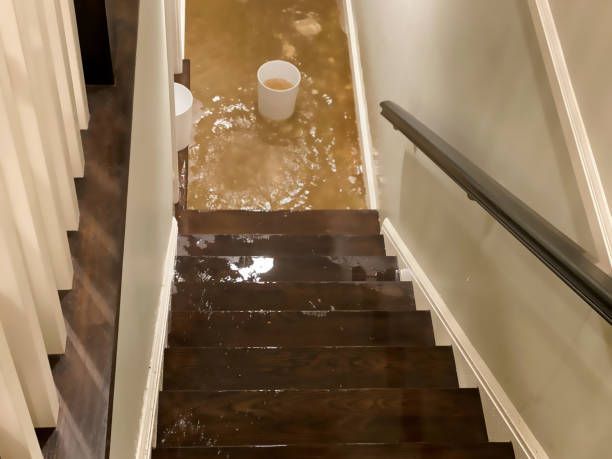 Flooded staircase with brown wooden steps, water pooling at top, white buckets visible.